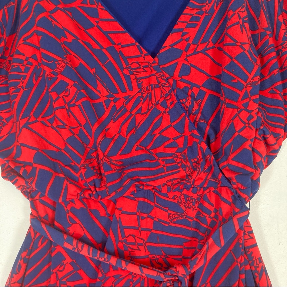 Sangria Red Navy Geometric Wrap  Dress V neck Size 14W Tie Dolman Sleeve - Picture 7 of 16